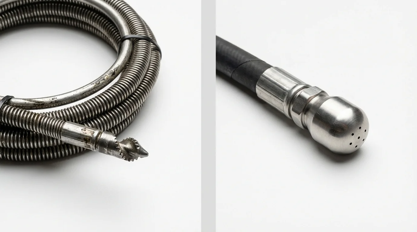 Drain snake cable and hydro jetting nozzle used for drain cleaning in Chester, NJ