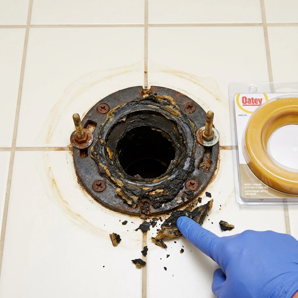 Failed wax ring showing water seepage at the base of a toilet in a Chester, NJ home