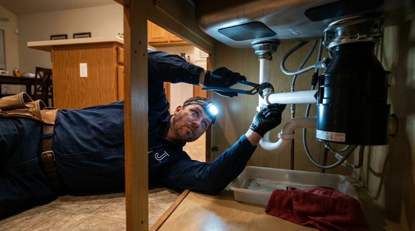 P-trap and supply line connections under a kitchen sink showing a common leak point in Chester, NJ